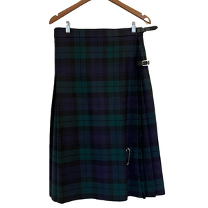 100% Wool Strathmore Green Blue Plaid Kilt Buckles Pleated Flat Front Skirt